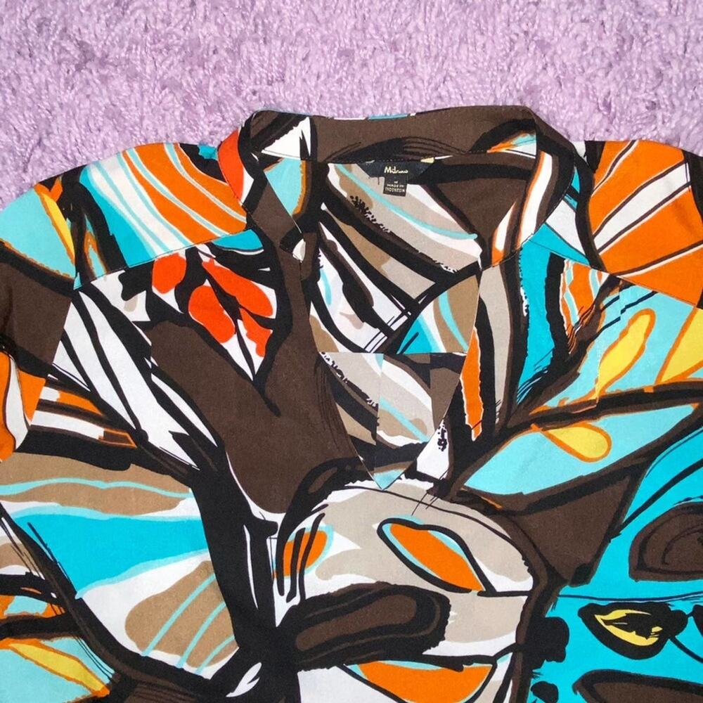 M Milano Brown Abstract Boho Half 3/4th Sleeve V Neck Work Career Blouse Top - Picture 8 of 12